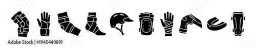 Black silhouette collection of sports protective gear including a helmet, knee pads, wrist guards, and mouthguard presented in a minimalist glyph icon set for safety concepts