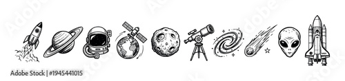 Set of hand-drawn space exploration icons featuring a rocket, planet, astronaut, satellite, moon, telescope, galaxy, comet, alien, and shuttle in a monochrome sketch style