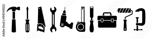 Collection of black silhouette work tools including a hammer, saw, drill, and wrench arranged in a horizontal row for carpentry, construction, and home improvement concepts