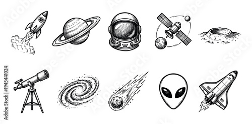 Collection of hand-drawn space exploration icons featuring a rocket, planet, astronaut helmet, satellite, and alien in a vintage black and white sketch illustration style