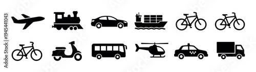 Collection of black transport vehicle silhouettes featuring a plane, train, car, ship, bus, taxi, and truck, designed in a clean, minimalist, and modern flat graphic style