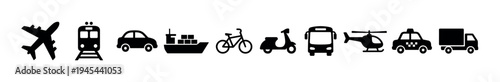 Set of black transportation icons representing various vehicles like an airplane, train, car, ship, bicycle, scooter, bus, helicopter, taxi, and truck for travel and logistics