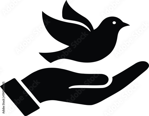 Flying dove bird above cupped hand silhouette icon symbolizing peace freedom hope and spiritual harmony across nations