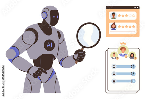 Recruitment, technology, data sorting, AI assistance, digital analysis, user profiling. Robot using magnifying glass near user reviews and leaderboard. Recruitment and technology concept