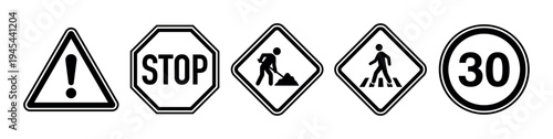 Set of five black road signs for traffic safety, including a stop sign, warning symbol, road work, pedestrian crossing, and speed limit icon in a clean vector graphic style