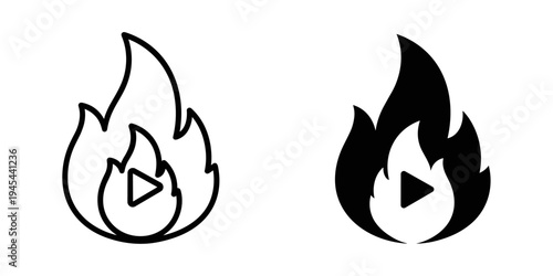 Play button flame icons in line art and solid black vector illustration, flat design