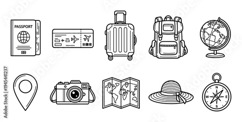 Ten black outline travel and vacation icons including a passport, suitcase, camera, map, globe, and compass for illustrating journey and exploration concepts