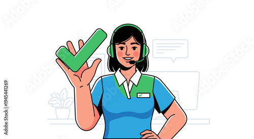 Vector illustration of a female customer service representative with green headset and checkmark isolated on White Background