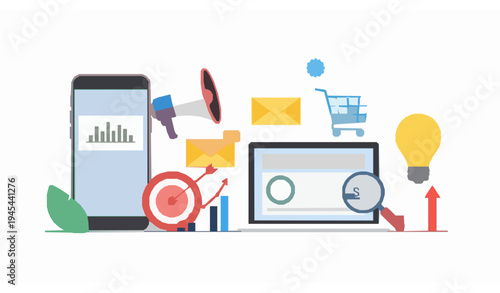 Digital marketing concept vector with smartphone analytics megaphone email SEO search and online advertising elements