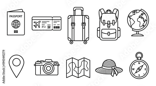 Collection of ten black line art travel icons for vacation and tourism, featuring a passport, suitcase, backpack, globe, map, compass, camera, and boarding pass illustration