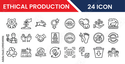 Sustainable production icons pack in vector format for web and app UI design including ethical manufacturing, fair trade, eco friendly industry, responsible production, and green business symbols