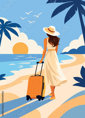 Hello, summer! Summer vacation. Abstract vector banner, woman in a hat with suitcase strolling along the beach. Sea, seagulls, sun. Perfect for travel brochures, hotels, vacation, tourism advertising