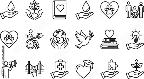 Set of black outline vector icons related to charity, social care, and humanitarian aid on transparent background