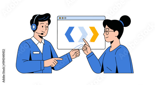 Vector illustration of two people interacting with coding symbols isolated on White Background