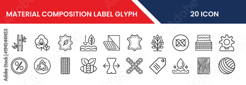 Material composition label glyph icons for various materials and products