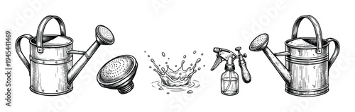 Set of hand-drawn gardening tools including watering cans, a spray bottle, and a water splash, rendered in a detailed black and white vintage engraving sketch style for horticulture concepts
