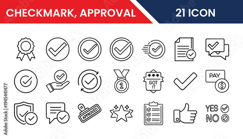 Approval and tick icons pack in vector format for web and app UI design including checkmark, success, verified, validation, completed, and confirmation symbols