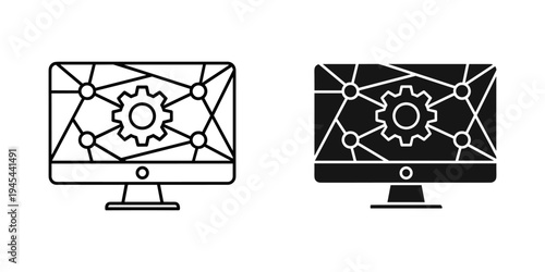 Two computer monitors with gear and network connections vector illustration, flat design