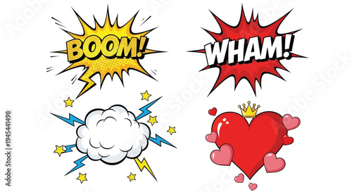 Set of 4 comic book explosion and heart vector icons