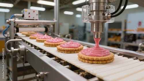 Automated machine dispensing pink cream in spiral pattern onto round cookies on conveyor line, illustrating confectionery production, precision dosing and industrial bakery automation