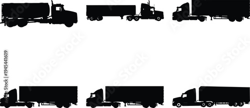 Group of six truck silhouettes, showcasing semi-trailer trucks, tanker trucks, and box trucks, isolated on a white background for graphic design elements.