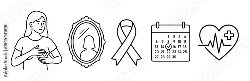 Breast cancer awareness icon set featuring a woman performing a self-exam, a mirror, a support ribbon, a calendar, and a heart symbol for health prevention and check-ups