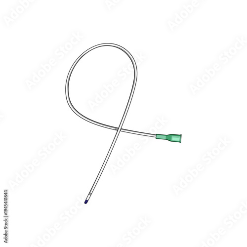 Urinary catheter presenting its flexible tube and connector, important medical device for bladder drainage, surgical procedures, and urological interventions in a hospital or clinic