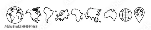 Collection of black line art world map icons including individual continents, globes, and a location pin, presented in a simple, minimalist, hand-drawn doodle style for geography concepts