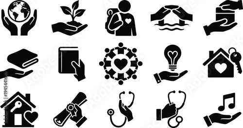 Set of black glyph vector icons related to charity, humanitarian aid, and social responsibility on transparent background