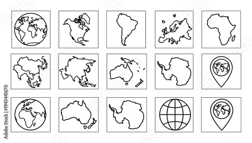 Set of black line art world icons showing different continents, globes, and location pin symbols in a simple minimalist style for geography and travel themes