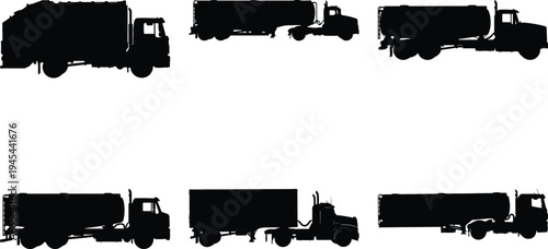 Assortment of six truck silhouettes, including garbage trucks, tanker trucks, and semi-trucks, isolated on a white background for various design applications.
