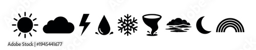 Set of black weather condition icons showing sun, cloud, lightning, rain, snow, tornado, fog, moon, and rainbow, presented as a simple minimalist graphic symbol collection