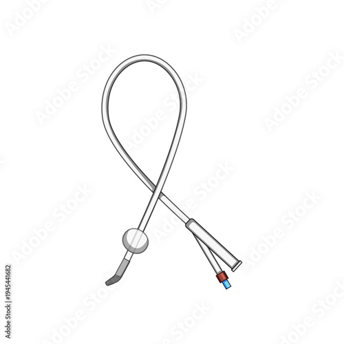 Detailed medical illustration of a urinary foley catheter with inflation balloon and dual port tubing used for bladder drainage and catheterization procedures in healthcare settings