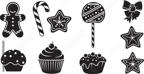 Black and white Christmas icons and sweet treats collection