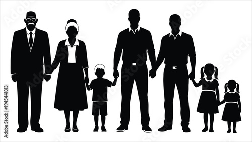 A Solid Black Silhouette Collection of Grandparents, Parents, and Children Holding Hands in Togetherness..