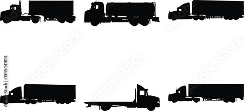 Diverse black truck silhouettes featuring semi-trucks, tanker trucks, and flatbed trucks, presented in a clean vector graphic on white.
