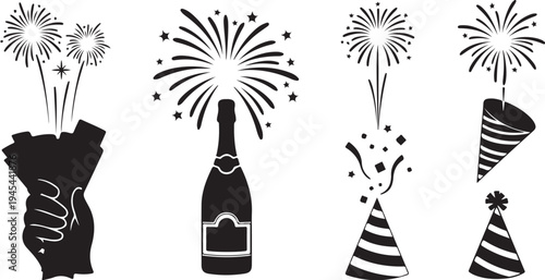 New Year's Eve Celebration Icons and Fireworks Silhouettes