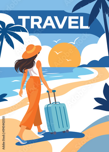 Summer vacation. Hello, summer. Bright abstract vector banner, woman in a hat with a suitcase strolling along the beach at sunset. Perfect for travel brochures, hotel, vacation advertising, tourism