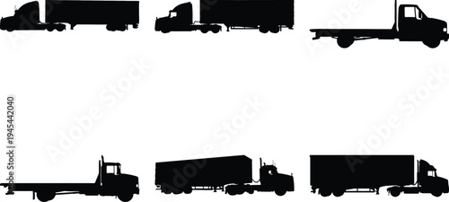 Set of black silhouette vector graphics showcasing different types of trucks like semi-trailers and flatbed trucks, ideal for logistics and transport themes.