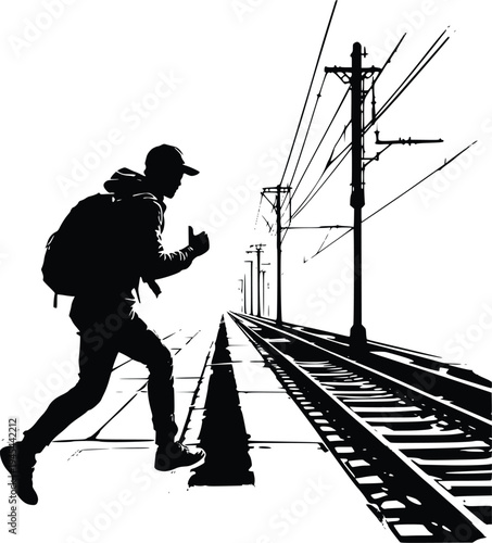 Commuter Running to Catch Train Silhouette – Railway Rush Scene Vector