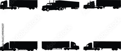 Collection of diverse semi-trailer truck silhouettes, including tractor units and trailers, isolated on a white background.