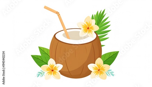 Tropical Coconut Drink with Straw and Frangipani Flowers on White Background