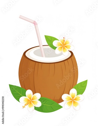 Tropical Coconut Drink with Straw and Plumeria Flowers.