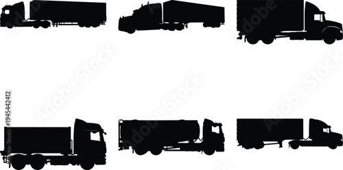 Collection of six black silhouette semi-trucks and trailers, showcasing various trailer types and cab designs for transportation and logistics.