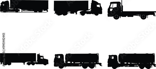 Set of six diverse black silhouette trucks, including semi-trailers, flatbeds, and tankers, representing the commercial transport and logistics industry.