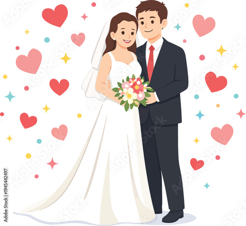 A happy bride and groom standing together in wedding attire surrounded by colorful hearts and stars