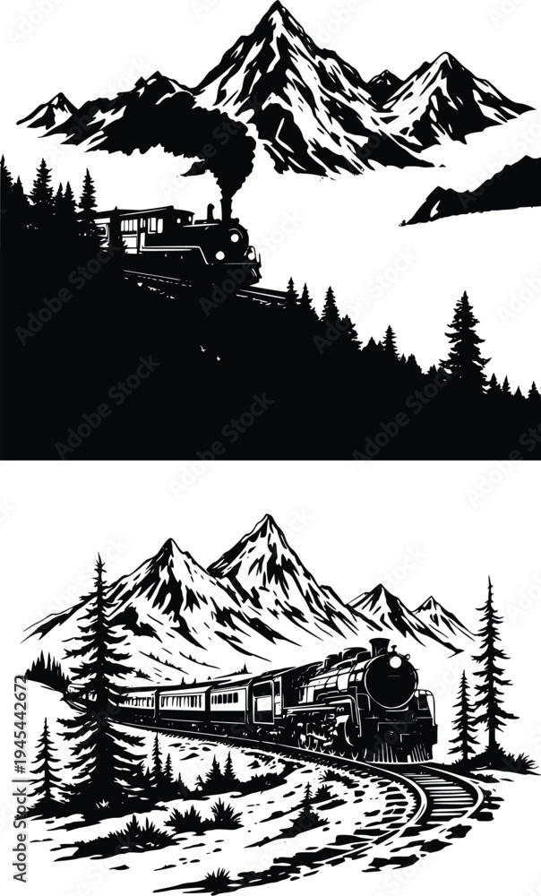 Obraz premium Mountain landscape with train travelling vector illustration
