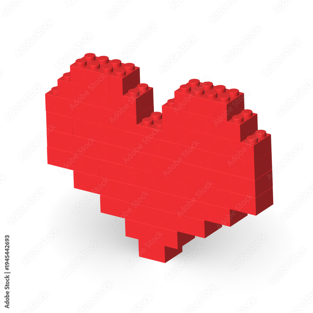 Obraz premium Red heart made by realistic plastik constructor parts isolated on transparent background. Love and feelings concept. Love you creative icon. 3D rendered vector PNG