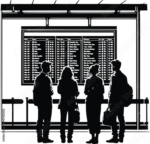 Passengers Checking Train Schedule Board Silhouette – Railway Info Vector