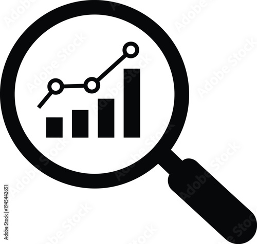 data analysis icon, magnifying glass chart, business analytics concept, financial growth statistics, market research visualization, performance monitoring symbol